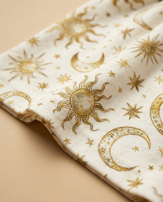 Golden Celestial Women’s Short Pajama Set – Sun, Moon & Stars Sleepwear