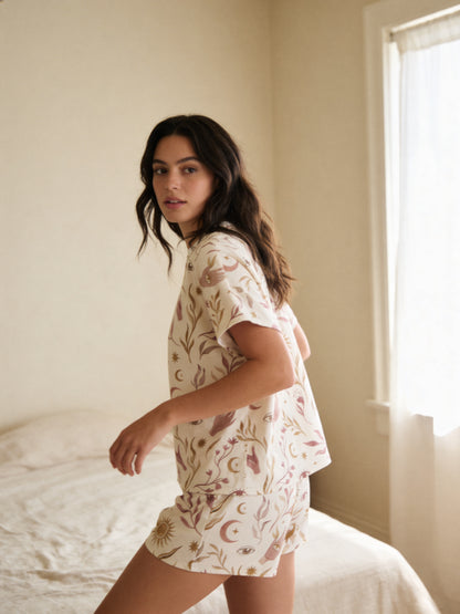 Celestial Floral Women’s Short Pajama Set – Sun, Moon & Stars Loungewear