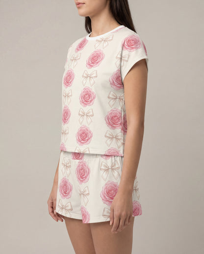 Pink Rose & Bow Women’s Short Pajama Set – Romantic Floral Sleepwear
