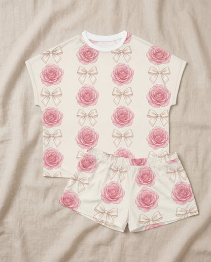Pink Rose & Bow Women’s Short Pajama Set – Romantic Floral Sleepwear