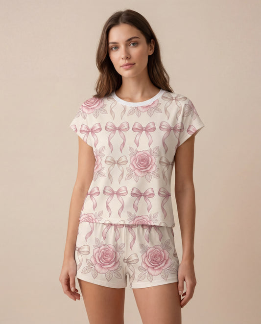 Blush Rose & Ribbon Women’s Short Pajama Set – Romantic Sleepwear
