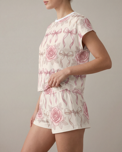 Blush Rose & Ribbon Women’s Short Pajama Set – Romantic Sleepwear
