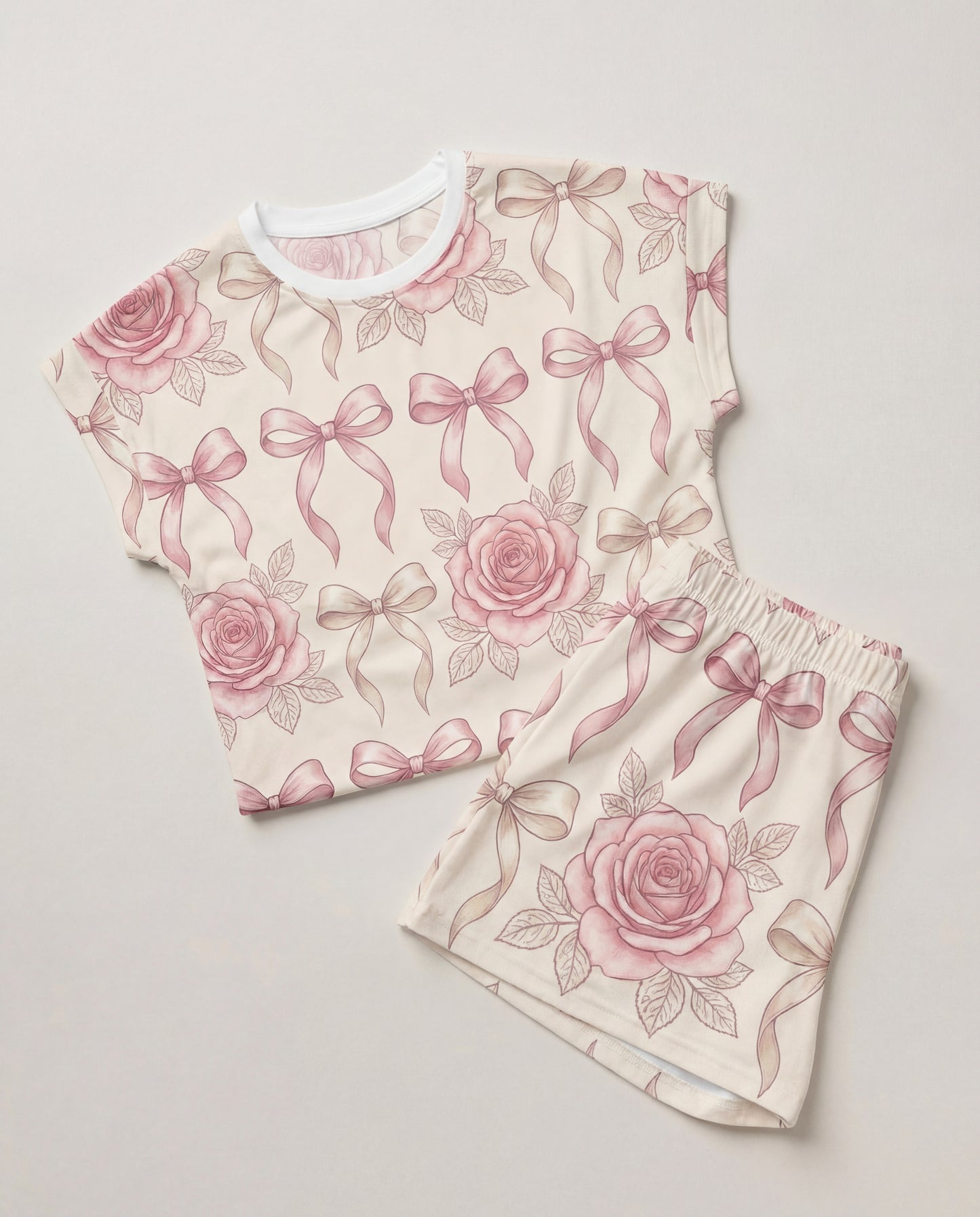 Blush Rose & Ribbon Women’s Short Pajama Set – Romantic Sleepwear