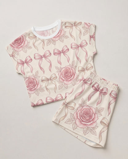 Blush Rose & Ribbon Women’s Short Pajama Set – Romantic Sleepwear
