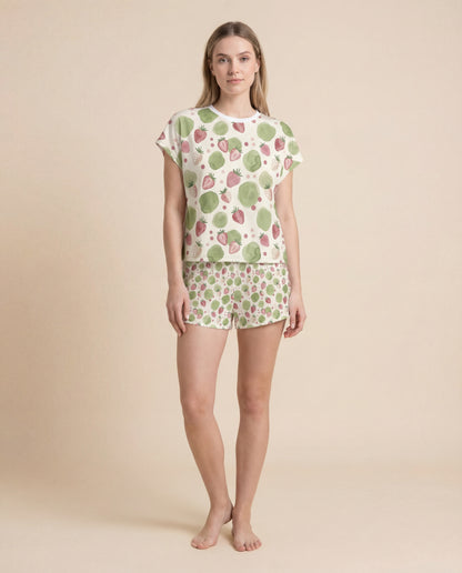 Strawberry & Sage Women’s Short Pajama Set – Soft Watercolor Sleepwear