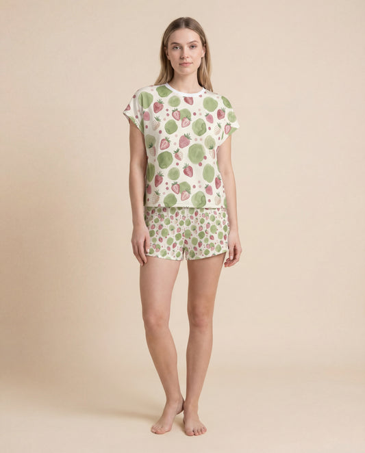 Strawberry & Sage Women’s Short Pajama Set – Soft Watercolor Sleepwear