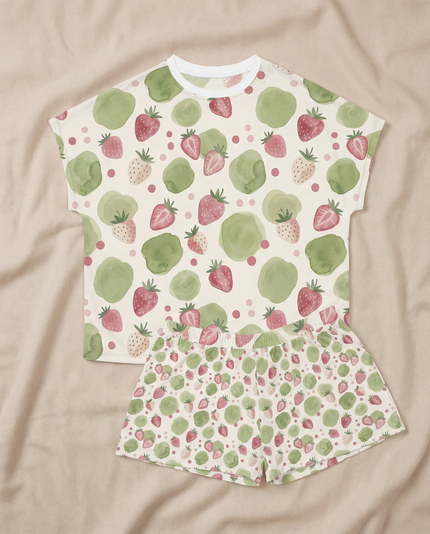 Strawberry & Sage Women’s Short Pajama Set – Soft Watercolor Sleepwear