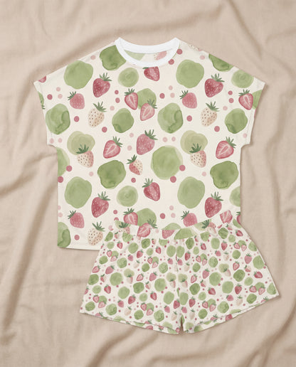 Strawberry & Sage Women’s Short Pajama Set – Soft Watercolor Sleepwear