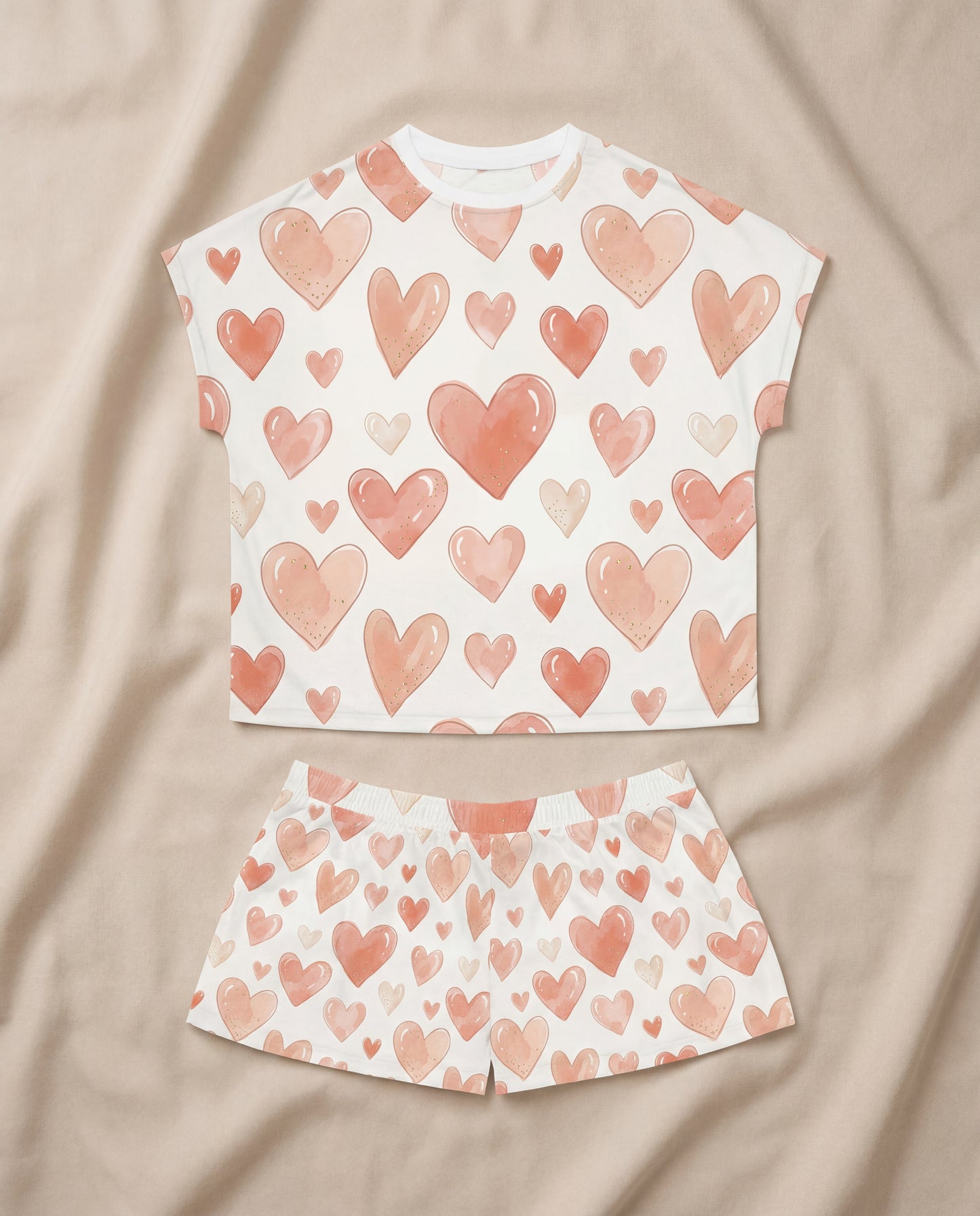 Watercolor Heart Women’s Short Pajama Set – Blush Romantic Sleepwear