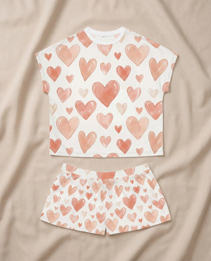 Watercolor Heart Women’s Short Pajama Set – Blush Romantic Sleepwear