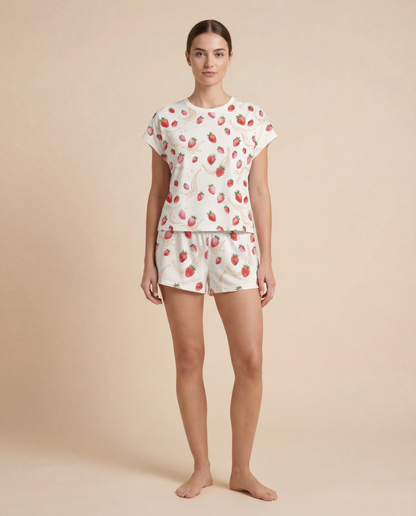 Strawberry Milk Women’s Short Pajama Set – Soft Summer Sleepwear