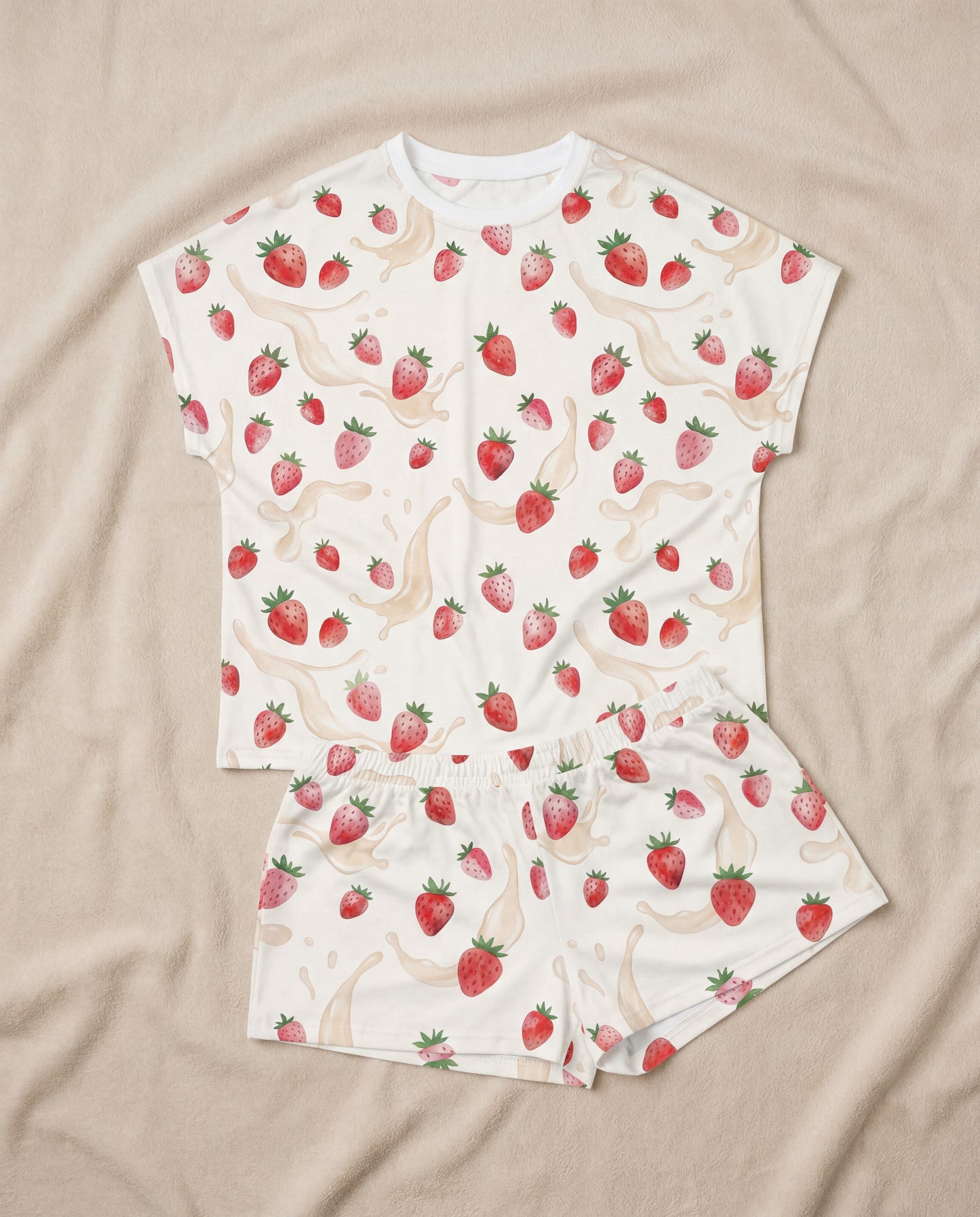 Strawberry Milk Women’s Short Pajama Set – Soft Summer Sleepwear