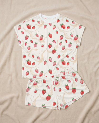 Strawberry Milk Women’s Short Pajama Set – Soft Summer Sleepwear