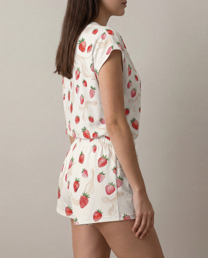 Strawberry Milk Women’s Short Pajama Set – Soft Summer Sleepwear