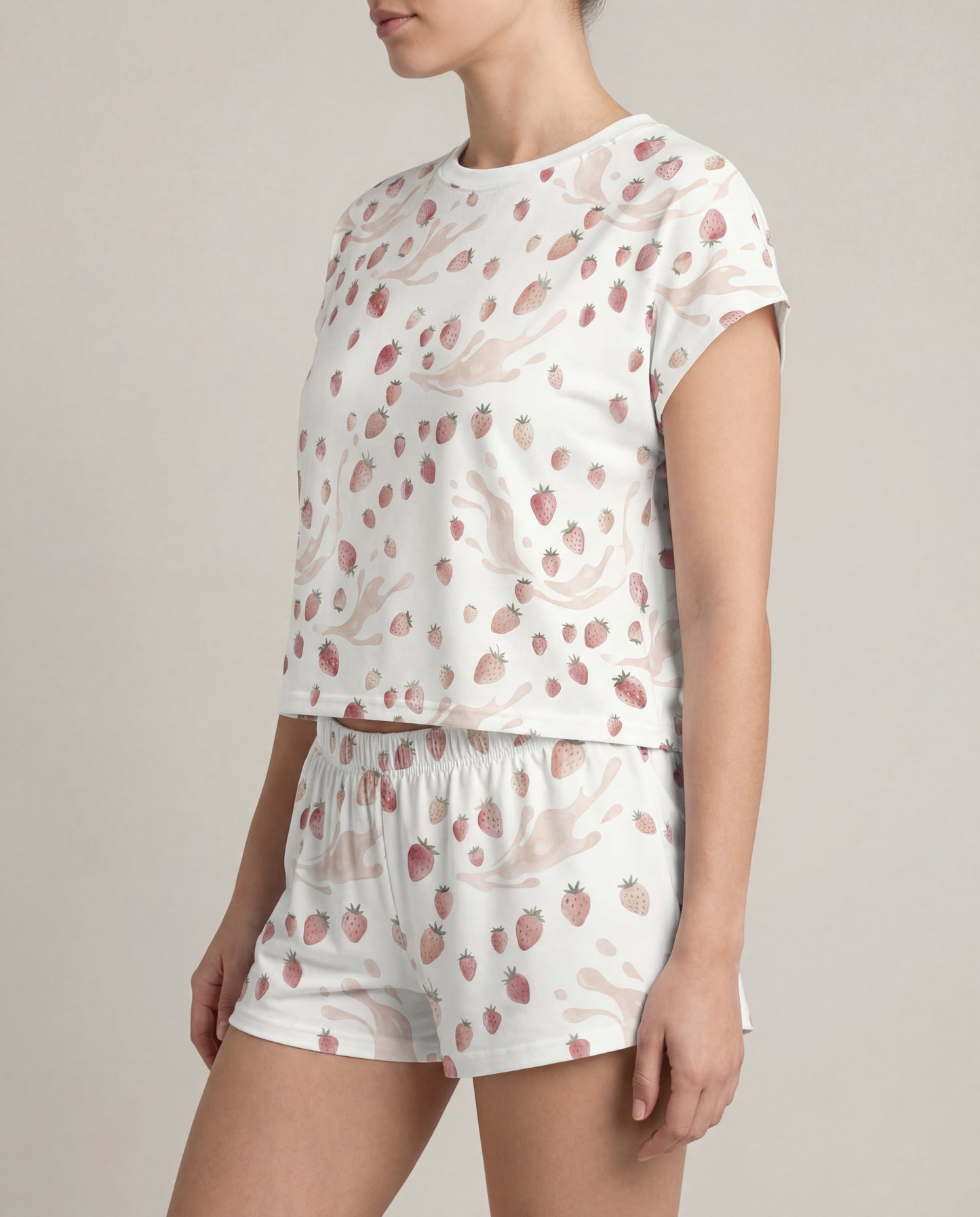 Mini Strawberry Milk Women’s Short Pajama Set – Soft Blush Sleepwear