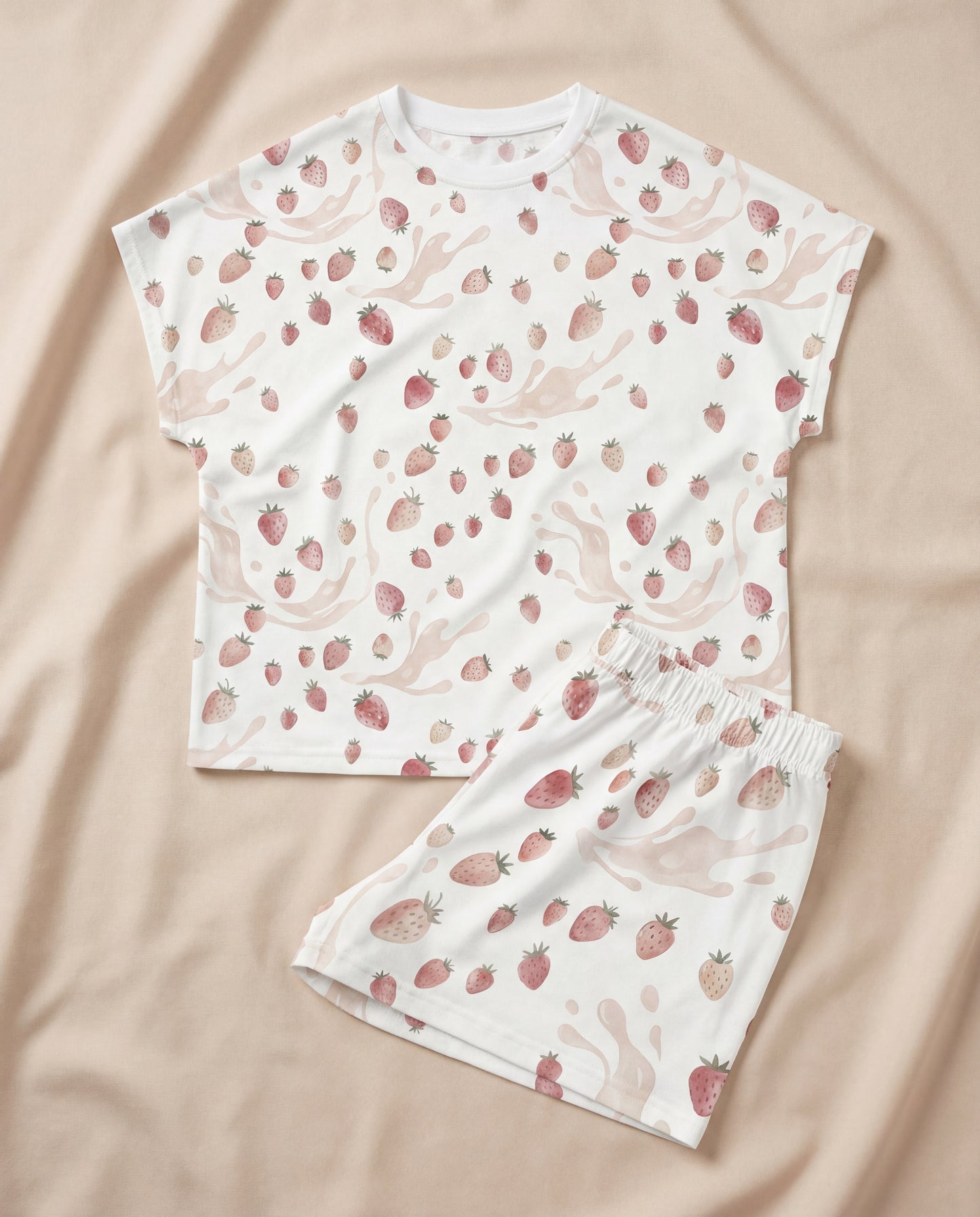 Mini Strawberry Milk Women’s Short Pajama Set – Soft Blush Sleepwear