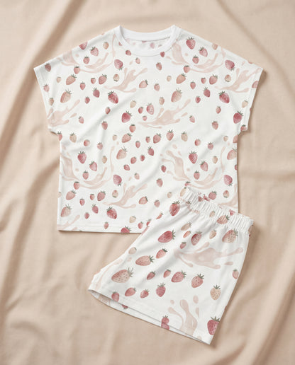 Mini Strawberry Milk Women’s Short Pajama Set – Soft Blush Sleepwear