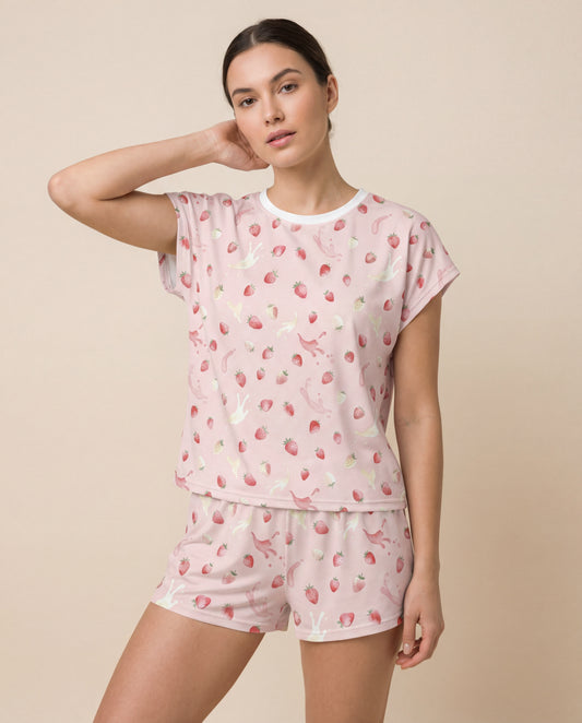 Strawberry Splash Women’s Short Pajama Set – Pink Summer Sleepwear