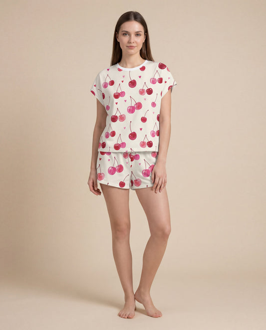 Cherry Love Women’s Short Pajama Set – Soft Romantic Sleepwear