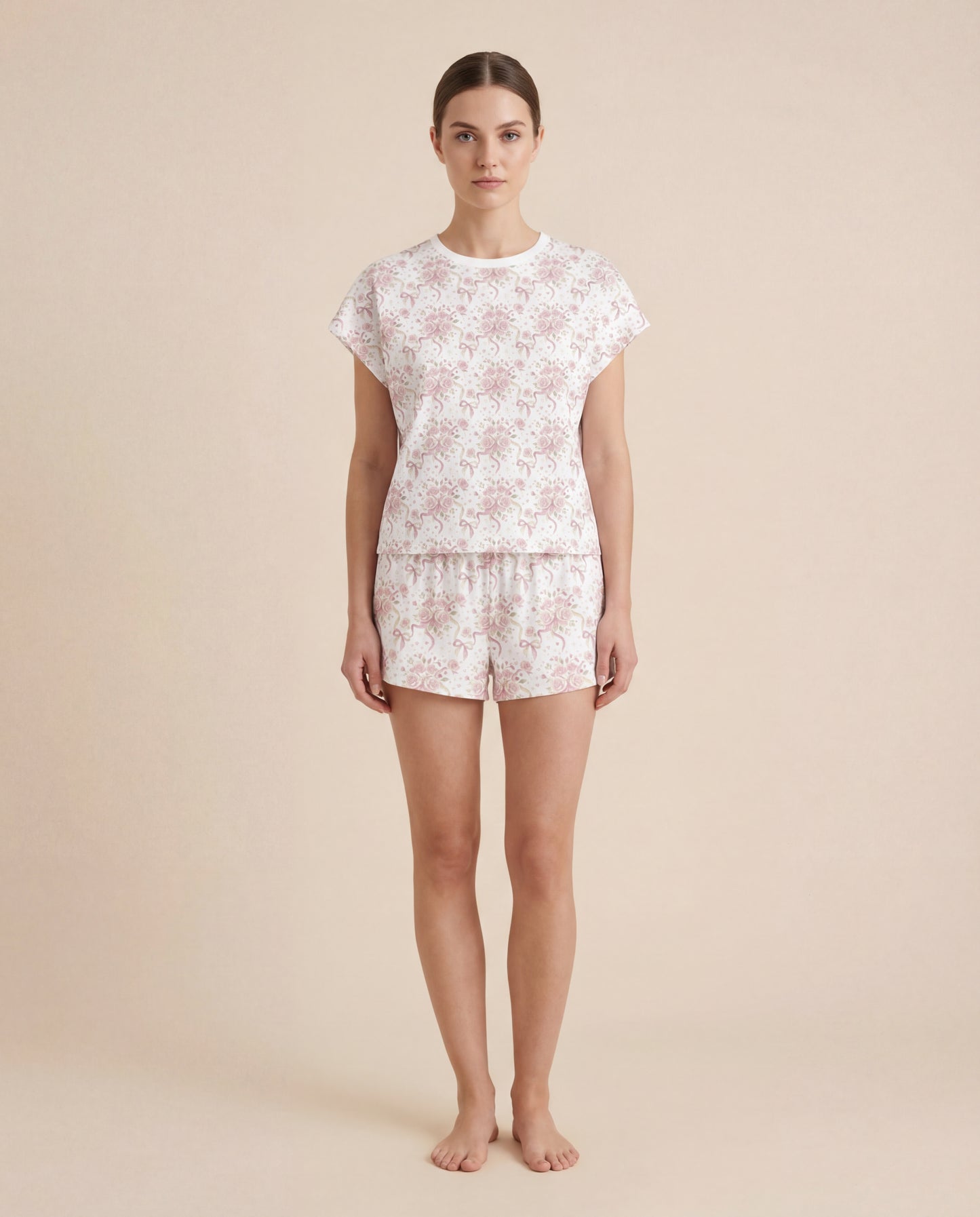 Rose Bouquet & Ribbon Women’s Short Pajama Set – Romantic Sleepwear