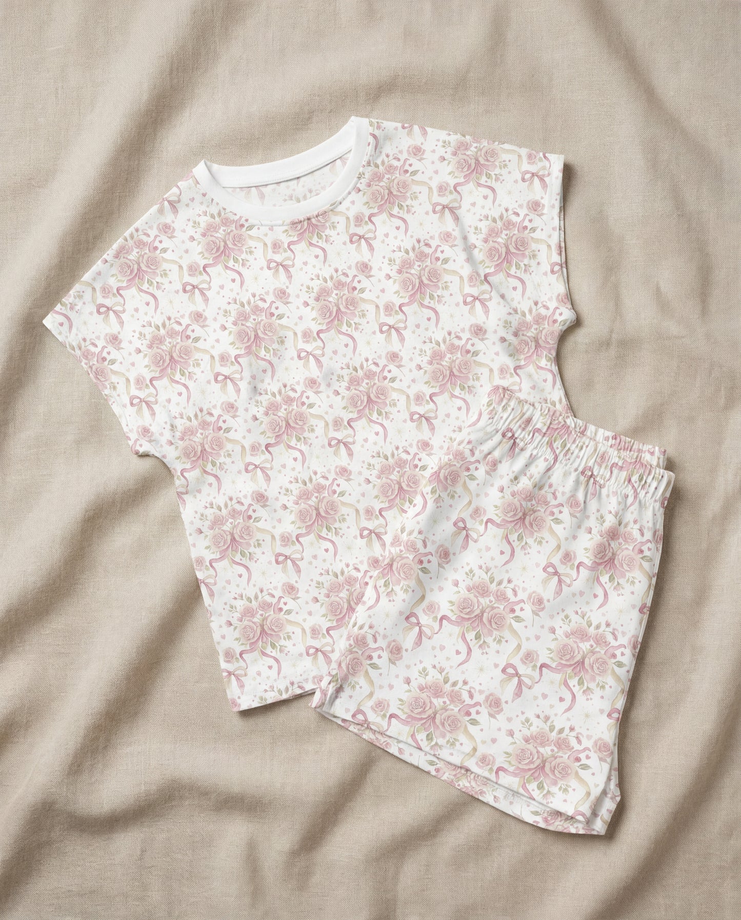 Rose Bouquet & Ribbon Women’s Short Pajama Set – Romantic Sleepwear