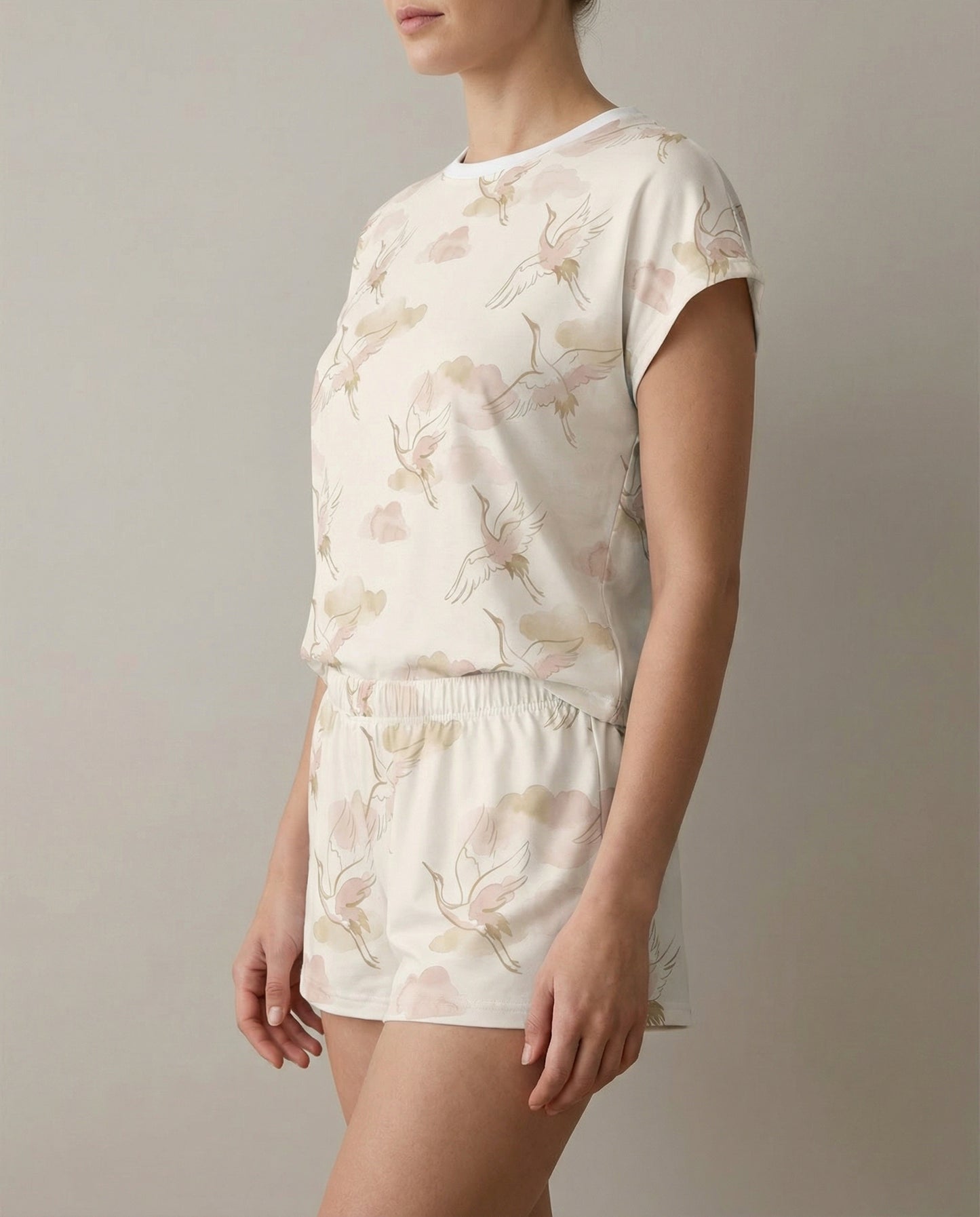 Blush Crane & Cloud Women’s Short Pajama Set – Dreamy Sleepwear