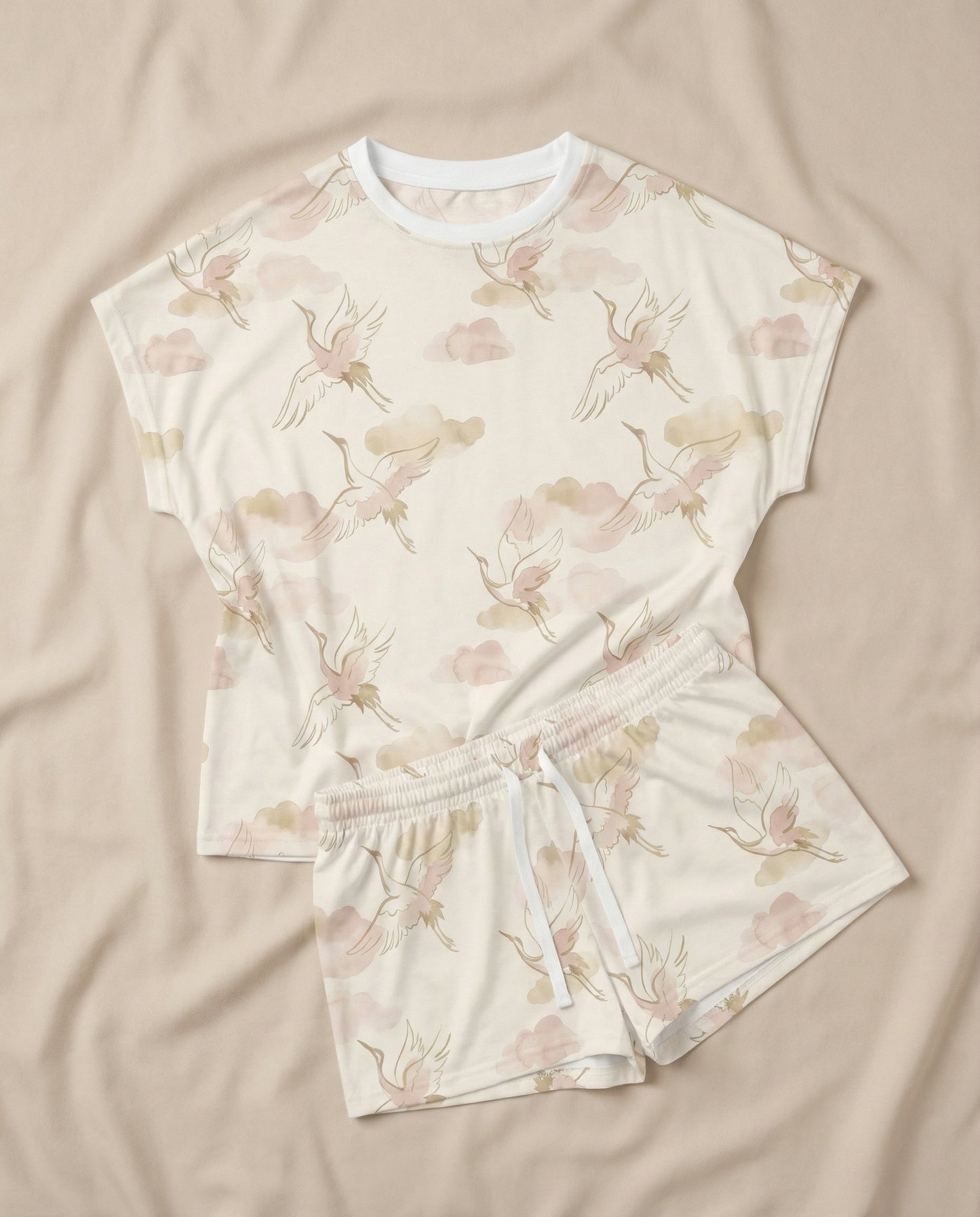 Blush Crane & Cloud Women’s Short Pajama Set – Dreamy Sleepwear