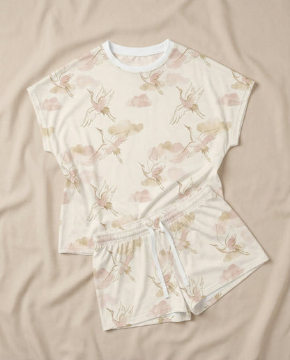 Blush Crane & Cloud Women’s Short Pajama Set – Dreamy Sleepwear