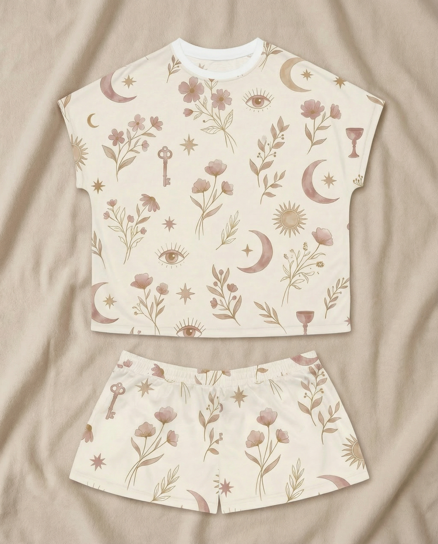 Celestial Botanica Women’s Short Pajama Set – Sun, Moon & Floral Sleepwear