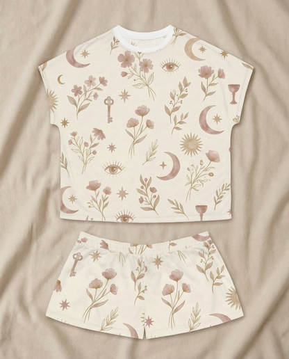 Celestial Botanica Women’s Short Pajama Set – Sun, Moon & Floral Sleepwear