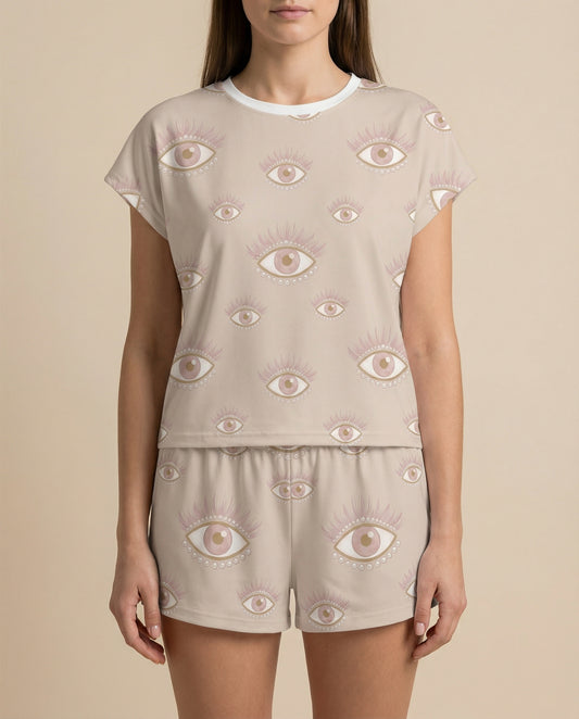 Mystic Eye Women’s Short Pajama Set – Celestial Neutral Sleepwear