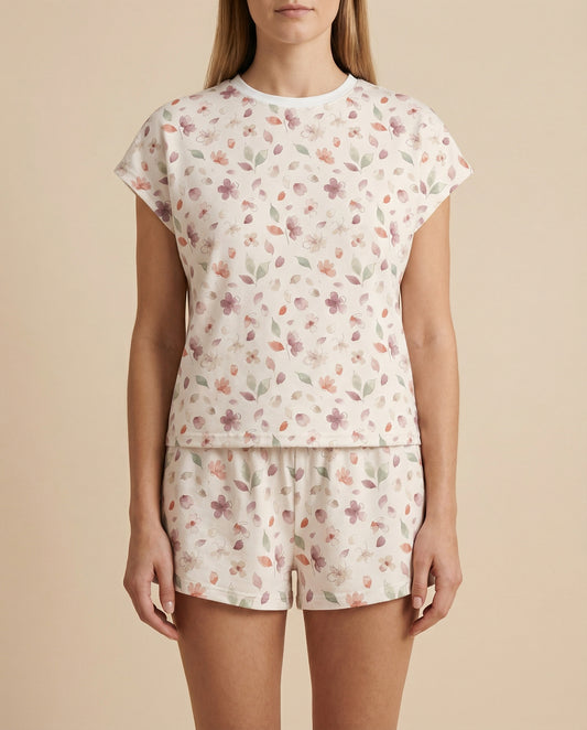 Soft Petal Meadow Women’s Short Pajama Set – Minimal Floral Sleepwear