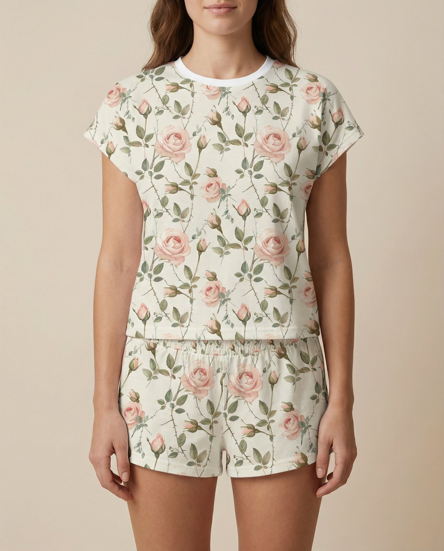 Blush Rose Vine Women’s Short Pajama Set – Romantic Floral Sleepwear