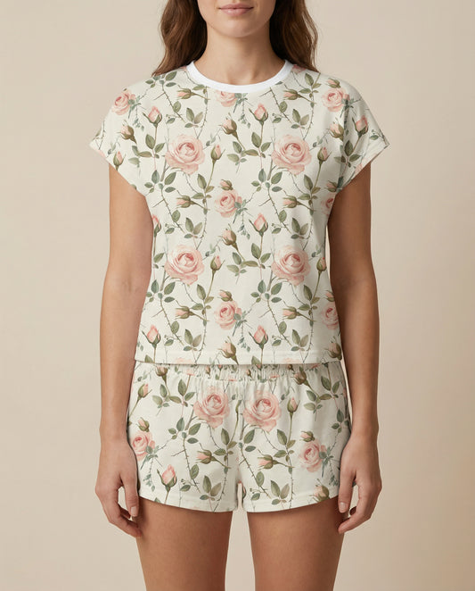 Blush Rose Vine Women’s Short Pajama Set – Romantic Floral Sleepwear