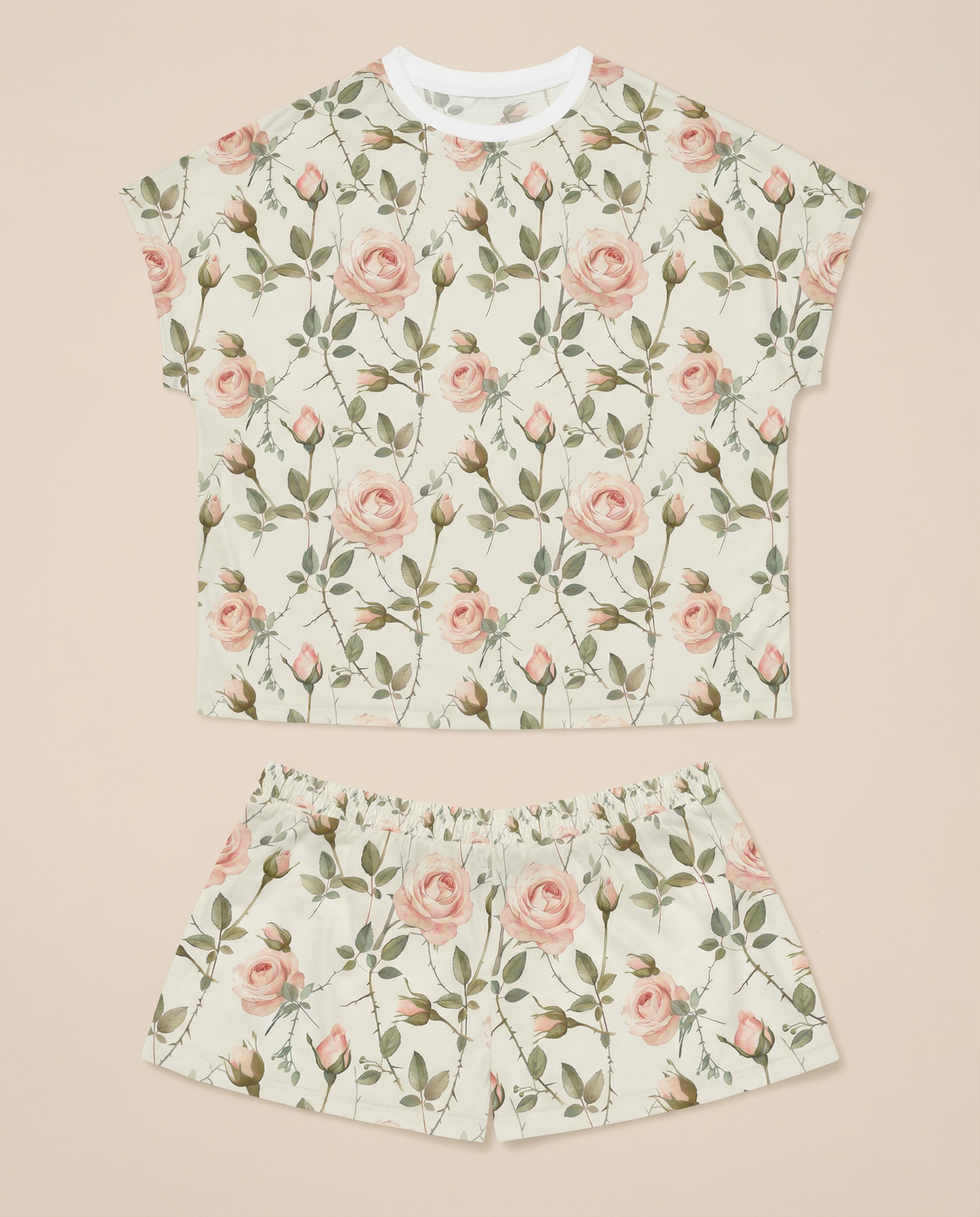 Blush Rose Vine Women’s Short Pajama Set – Romantic Floral Sleepwear