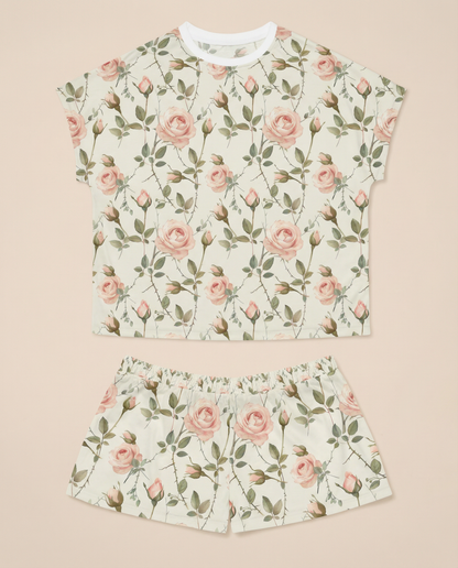 Blush Rose Vine Women’s Short Pajama Set – Romantic Floral Sleepwear