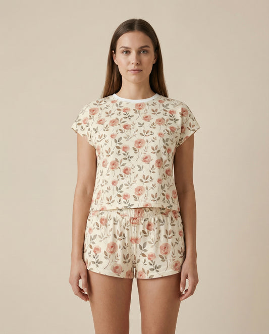 Vintage Blush Rose Women’s Short Pajama Set – Romantic Floral Sleepwear