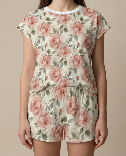 Oversized Blush Rose Women’s Short Pajama Set – Romantic Sleepwear