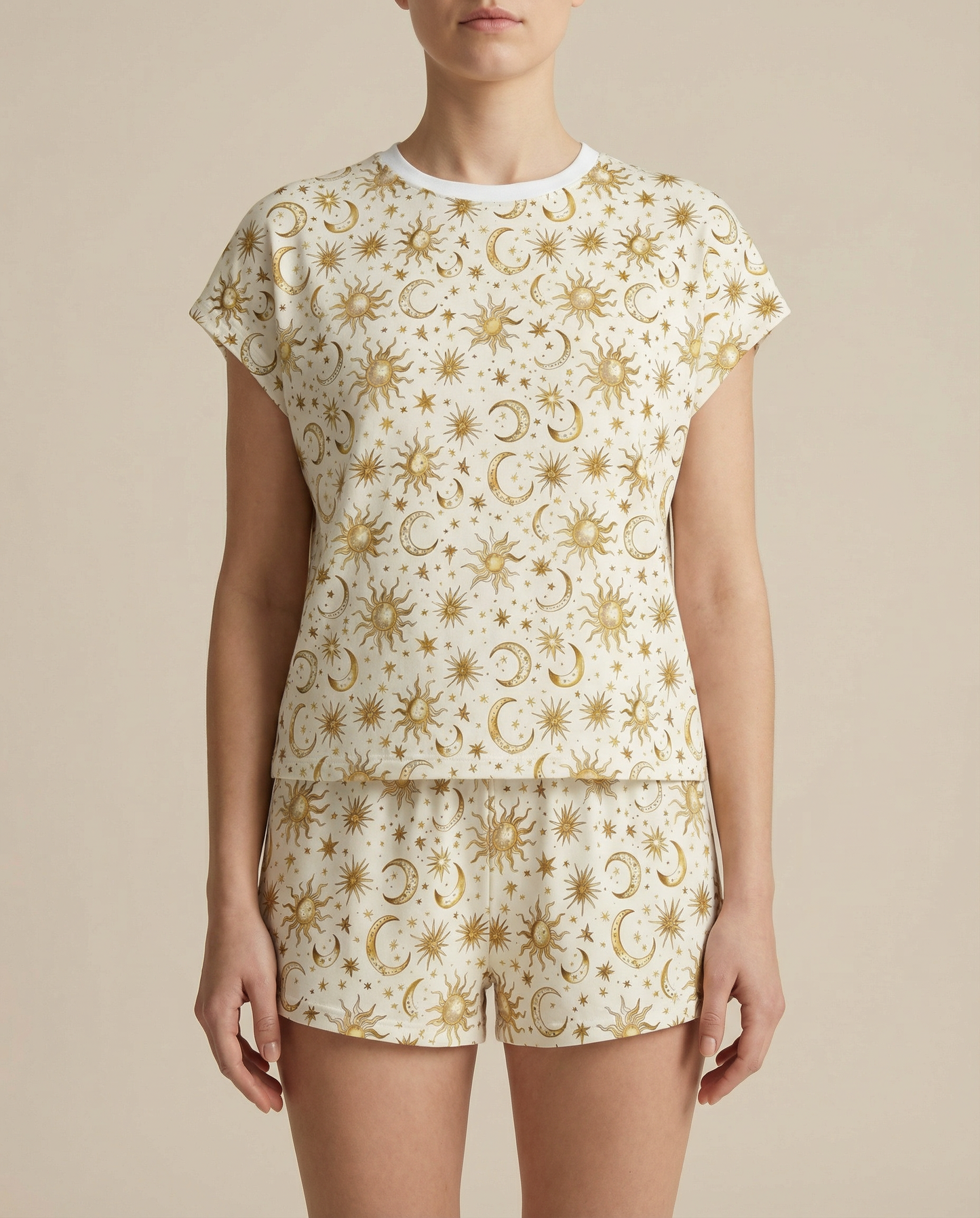 Golden Celestial Women’s Short Pajama Set – Sun, Moon & Stars Sleepwear