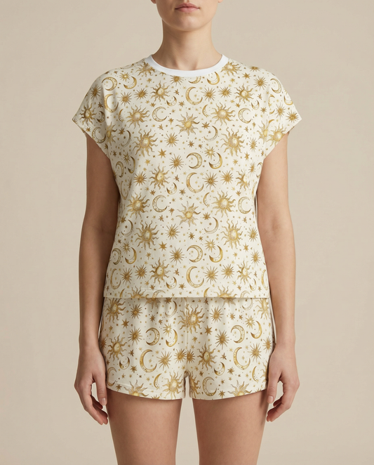 Golden Celestial Women’s Short Pajama Set – Sun, Moon & Stars Sleepwear