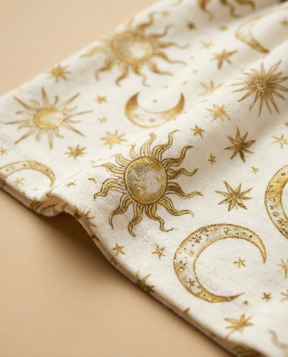 Golden Celestial Women’s Short Pajama Set – Sun, Moon & Stars Sleepwear