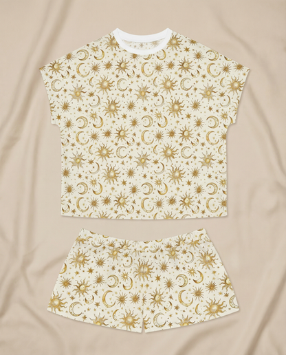 Golden Celestial Women’s Short Pajama Set – Sun, Moon & Stars Sleepwear