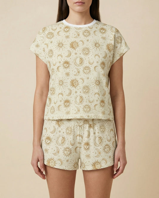 Sun & Moon Women’s Short Pajama Set – Golden Celestial Sleepwear