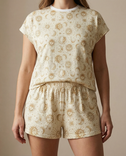 Sun & Moon Women’s Short Pajama Set – Golden Celestial Sleepwear