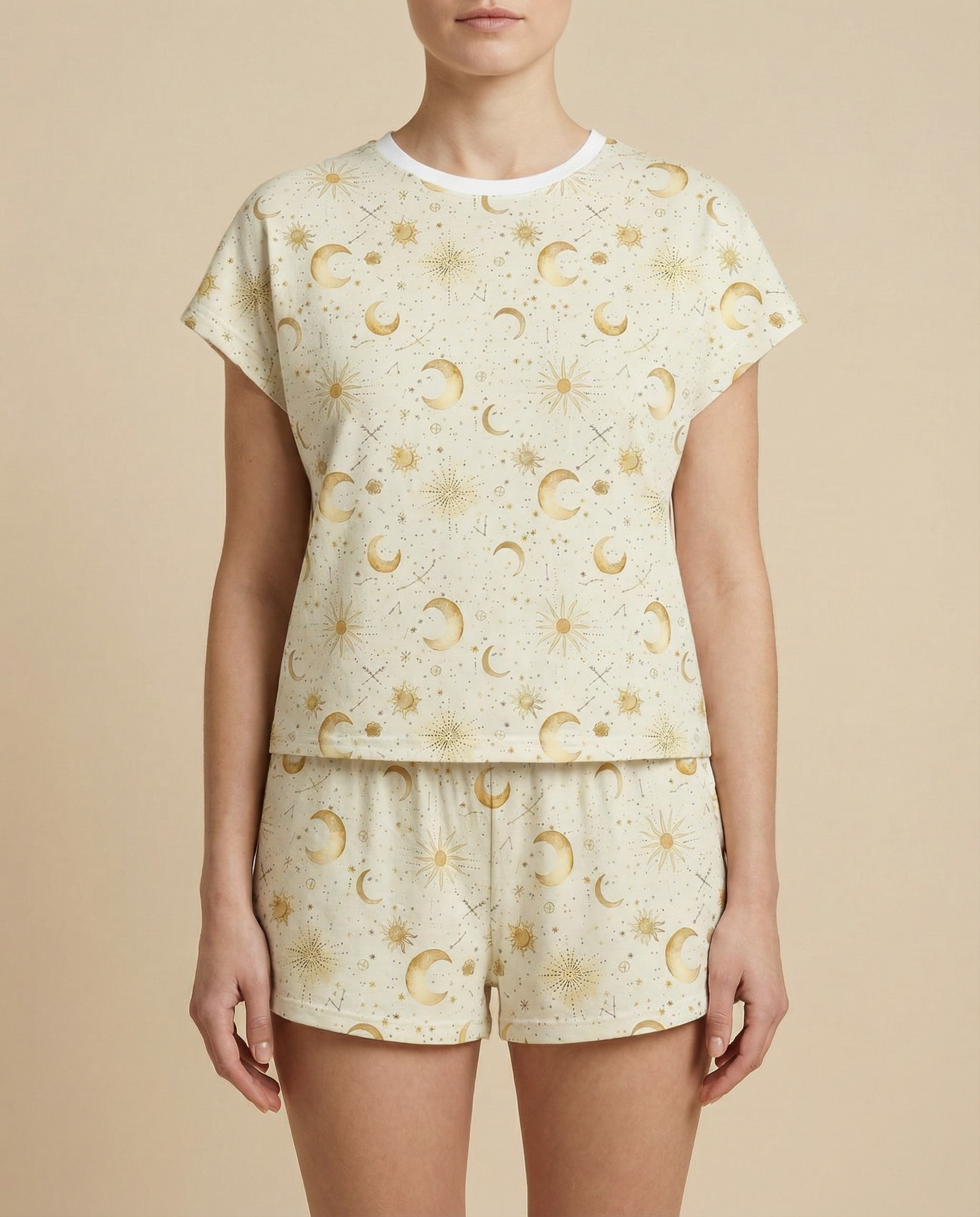 Golden Moon & Stars Women’s Short Pajama Set – Celestial Sleepwear