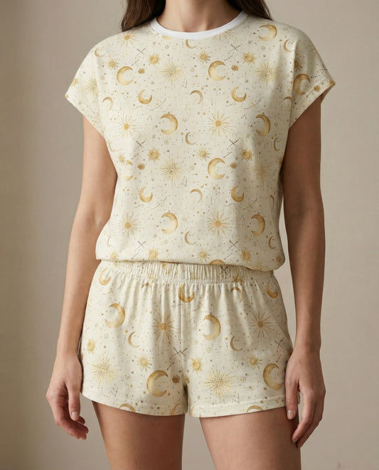 Golden Moon & Stars Women’s Short Pajama Set – Celestial Sleepwear