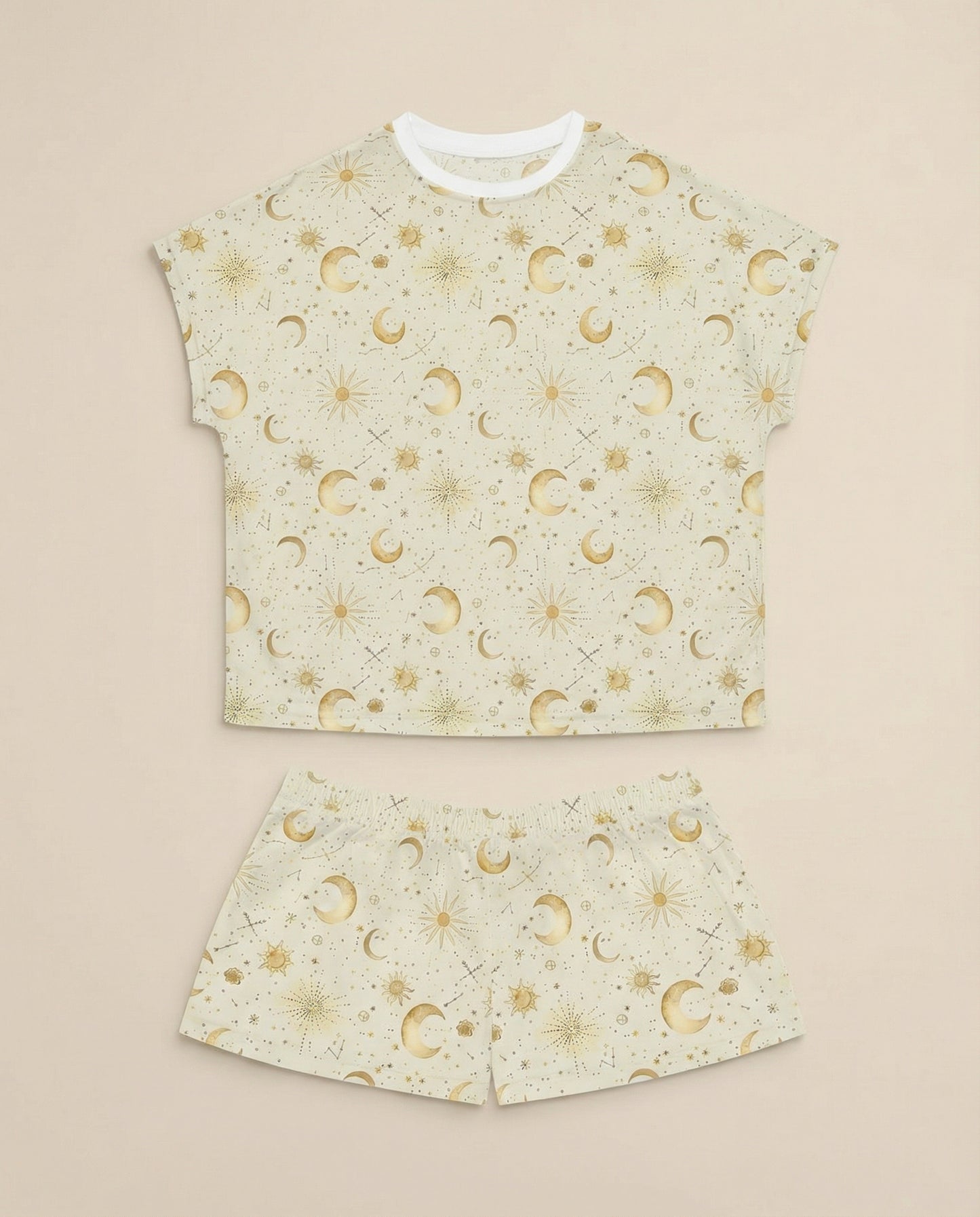 Golden Moon & Stars Women’s Short Pajama Set – Celestial Sleepwear