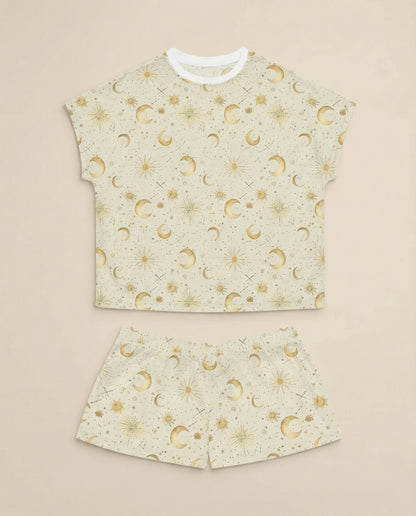 Golden Moon & Stars Women’s Short Pajama Set – Celestial Sleepwear