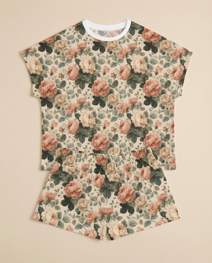 Antique Rose Bouquet Women’s Short Pajama Set – Romantic Floral Sleepwear