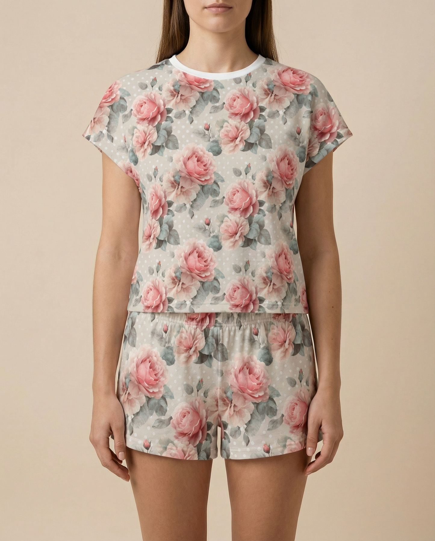 Blush Rose Polka Women’s Short Pajama Set – Romantic Floral Sleepwear